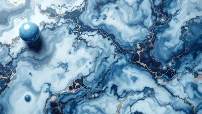 The primary subject of the image is a blue and white marbled stone. The setting is a close-up of the marbled stone, showcasing its intricate patterns and textures. The visual style is a realistic representation of the stone, capturing its natural beauty. The dominant colors are blue and white, creating a serene and calming atmosphere.