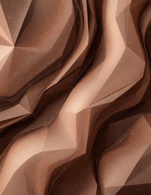 The primary subject of the image is a large, intricate, and textured wall made of brown paper. The setting is a room with a brown surface, and the visual style is a combination of a photo and digital art. The colors and mood of the image are warm and earthy, with a focus on the rich brown tones of the paper.
