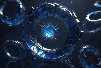 The primary subject of the image is a large, blue, circular object with a clear center. The setting is a dark background, which contrasts with the bright blue color of the circular object. The visual style appears to be a combination of digital art and illustration, creating a unique and intriguing design. The colors and mood of the image are predominantly blue, giving it a calm and serene atmosphere.