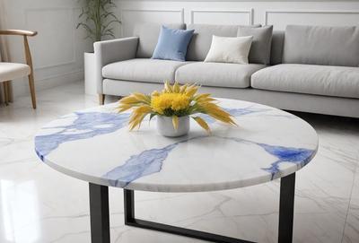The primary subject of the image is a table with a vase of flowers on it. The table is placed in a living room setting, which features a couch and a potted plant. The visual style of the image is a photo, and the colors and mood are predominantly white, giving the scene a clean and bright appearance.
