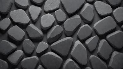 The primary subject of the image is a large collection of black rocks, which are arranged in a visually appealing manner. The setting is a black background, which contrasts with the rocks, making them stand out. The visual style is a combination of a photo and digital art, as the rocks are arranged in a pattern that resembles a mosaic. The colors and mood of the image are predominantly dark, with the black rocks being the main focus.