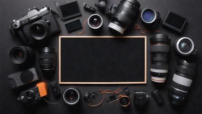 The primary subject of the image is a collection of various camera equipment, including lenses and cameras. The setting is a black surface, possibly a table, where the equipment is laid out. The visual style is a close-up of the camera equipment, showcasing the details of each item. The colors and mood of the image are predominantly black and white, giving it a classic and timeless appearance.