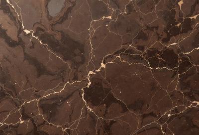 The image features a close-up of a marble surface with a brown and gold color palette. The marble has a unique and intricate pattern, giving it a luxurious and elegant appearance. The setting appears to be a room with a brown and gold color scheme, which complements the marble surface. The visual style of the image is a close-up, allowing the viewer to appreciate the details of the marble pattern. The colors and mood of the image convey a sense of sophistication and refin