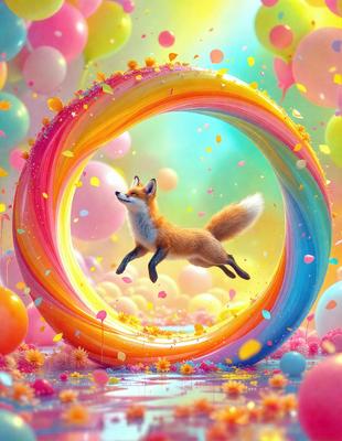 The primary subject of the image is a fox, which is captured in mid-air while jumping over a rainbow-colored tunnel. The setting is a vibrant and colorful environment, with the fox surrounded by a variety of colorful balloons and bubbles. The visual style of the image is a combination of photo and digital art, creating a dynamic and lively scene. The dominant colors in the image are the rainbow colors, which contribute to a cheerful and playful atmosphere.