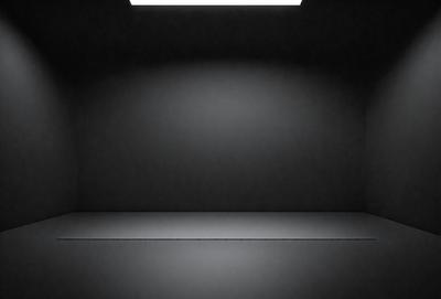 The primary subject of the image is a large, empty room with a black background. The room appears to be a large, dark space with no furniture or decorations. The setting is a black room, and the visual style is a black and white photo. The colors and mood of the image are dark and minimalistic, creating a sense of emptiness and simplicity.