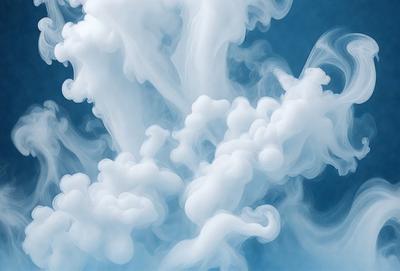 The primary subject of the image is a cloudy sky filled with wispy, white clouds. The setting is a blue background, which contrasts with the clouds. The visual style is a combination of photo and digital art, creating a unique and artistic representation of the cloudy sky. The colors and mood of the image are predominantly blue and white, giving it a serene and calming atmosphere.