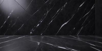 The primary subject of the image is a black and white marble tile floor. The setting is a room with a black marble wall, which adds to the overall atmosphere. The visual style is a photo, capturing the intricate patterns and textures of the marble tile. The colors and mood of the image are predominantly black and white, giving it a classic and elegant appearance.