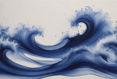 The primary subject of the image is a large, blue wave with white foam. The wave is the main focus of the image, and it is depicted in a realistic manner. The setting is a white surface, which serves as the background for the wave. The visual style of the image is a painting, which gives it a more artistic and detailed appearance. The dominant colors in the image are blue and white, creating a sense of depth and movement in the scene.
