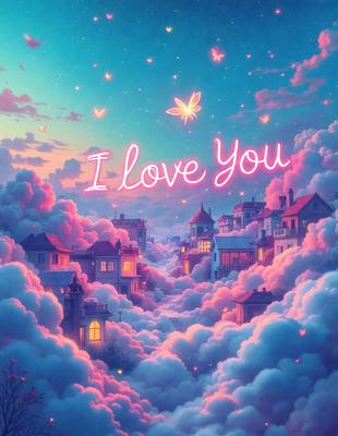 The primary subject of the image is a heart-shaped sign that reads "I Love You." The setting is a whimsical, pink-colored sky filled with clouds. The visual style is a digital art or illustration, creating a warm and loving atmosphere.