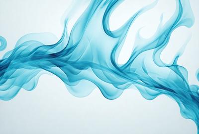 The primary subject of the image is a blue smoke or steam, which appears to be a digital art or illustration. The setting is a white background, and the visual style gives the impression of a water-like substance. The dominant colors are blue and white, creating a calm and serene atmosphere.
