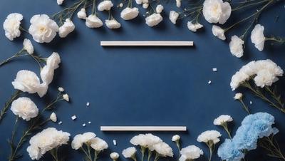 The primary subject of the image is a blue surface with a white frame. The setting is a blue background with white flowers scattered around. The visual style is a combination of a photo and digital art, creating a unique and artistic representation of the scene. The colors and mood are predominantly blue and white, giving the image a calm and serene atmosphere.