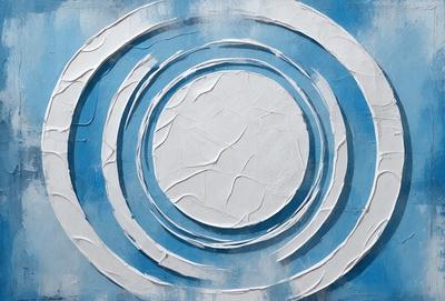 The primary subject of the image is a white circle with a blue background. The circle is the main object, and it appears to be a painting or drawing. The setting is a white wall, and the visual style is a combination of digital art and illustration. The colors are predominantly white and blue, creating a calm and serene atmosphere.