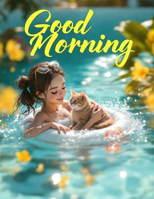 The primary subject of the image is a young girl sitting in a pool with a cat. The setting is a swimming pool, and the visual style is a digital art illustration. The colors and mood of the image are bright and cheerful, with the girl and the cat being the main focus.