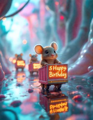 The primary subject of the image is a small mouse riding a pink wagon. The mouse is sitting on top of the wagon, which is carrying a sign that reads "5 happy birthday." The scene takes place in a forest, with trees visible in the background. The visual style of the image is digital art, as it appears to be a computer-generated or digitally illustrated scene. The dominant colors in the image are pink and green, creating a warm and cheerful atmosphere.