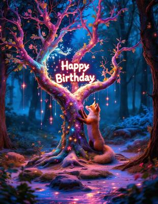 The primary subject of the image is a fox sitting under a tree. The tree has a colorful, glowing appearance, and the fox seems to be enjoying the scene. The setting appears to be a forest, with the tree being the main focus of the image. The visual style is a combination of digital art and illustration, creating a whimsical and magical atmosphere. The colors and mood of the image are predominantly warm and inviting, with the glowing tree and the fox's