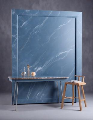 The primary subject of the image is a marble table with a chair placed in front of it. The table is situated in front of a large blue wall, which serves as the setting or background. The visual style of the image is a photo, capturing the details of the marble table and chair. The colors and mood of the image are predominantly blue, creating a calm and sophisticated atmosphere.