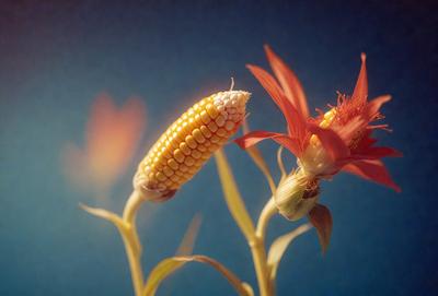 The primary subject of the image is a close-up of a corn plant with a flower. The setting is a blue background, and the visual style appears to be a photo. The dominant colors are blue and orange, creating a vibrant and lively atmosphere.