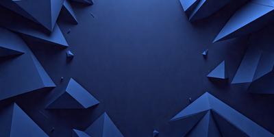 The primary subject of the image is a blue background with a pattern of triangles. The setting is a dark room, and the visual style appears to be a digital art or illustration. The dominant colors are blue and black, creating a moody atmosphere.