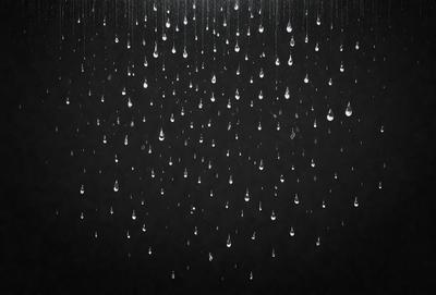 The primary subject of the image is a rainy scene with a black background. The setting is a rainy day, and the visual style is a photo. The image features a large number of raindrops falling from the sky, creating a moody and atmospheric scene. The dominant colors are black and white, with the raindrops being the main focus of the image.