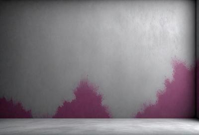 The primary subject of the image is a wall with a pink and purple paint splattered on it. The setting is a room with a concrete floor. The visual style is a photo, and the colors and mood are predominantly pink and purple, creating a vibrant and artistic atmosphere.