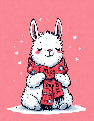 The primary subject of the image is a cute, white, fluffy, and fuzzy stuffed animal, which appears to be a stuffed lama. The setting is a pink background, and the visual style is a hand-drawn illustration. The colors and mood of the image are predominantly pink, which adds a sense of warmth and affection to the scene.