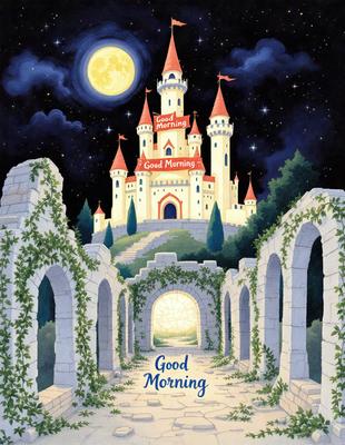 Good morning, a beautiful castle with a moon in the sky.