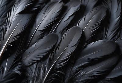 The primary subject of the image is a close-up of a black bird's wing, showcasing its feathers. The setting is a black background, which emphasizes the feathers and creates a striking visual effect. The visual style is a close-up, which highlights the details of the feathers. The colors and mood of the image are predominantly black, giving it a dramatic and intense atmosphere.