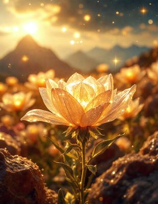 Primary subject: A single flower with a yellow center, surrounded by a field of other flowers.

Setting/background: The flower is located in a field of flowers, with a mountain in the background. The scene is set in a sunny, outdoor environment.

Visual style: The image is a digital artwork, featuring a close-up of the flower with a vibrant yellow center.

Colors and mood: The dominant colors in the image are yellow and orange, creating a warm and inviting atmosphere