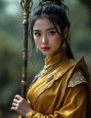 The primary subject of the image is a woman wearing a yellow dress and holding a staff. She is posing for the camera, and her outfit and accessories give her an elegant and regal appearance. The setting is a forest, with trees visible in the background. The visual style is a high-quality photo, capturing the woman's beauty and the natural surroundings. The colors and mood of the image are warm and inviting, with the woman's outfit and the forest's greenery creating a