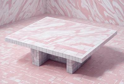 The primary subject of the image is a square table made of marble. The table is placed on a pink brick floor, which serves as the setting for the scene. The visual style of the image is a photo, capturing the details of the marble table and the brick floor. The colors and mood of the image are predominantly pink, creating a warm and inviting atmosphere.