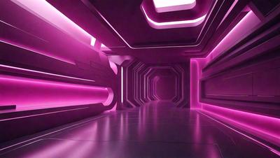 The primary subject of the image is a long, narrow hallway with a pink glow. The setting is a futuristic environment, possibly a space station or a futuristic building. The visual style is a combination of digital art and illustration, creating a unique and captivating atmosphere. The dominant colors are pink and purple, giving the scene a warm and inviting feel.