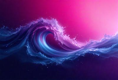 The primary subject of the image is a large, colorful wave. The wave is depicted in a digital art style, with a purple background and a blue and white color scheme. The wave appears to be crashing, creating a dynamic and energetic atmosphere.