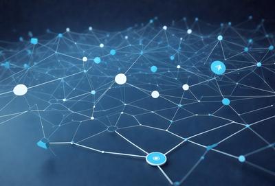 The primary subject of the image is a blue and white network of interconnected lines, which resembles a web or a complex pattern. The setting is a blue background, and the visual style appears to be a digital art or illustration. The colors and mood of the image are predominantly blue and white, creating a sense of calmness and order.