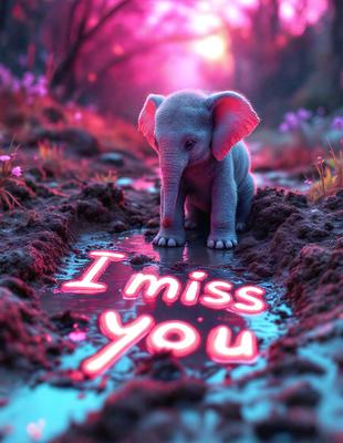 The primary subject of the image is a small elephant standing in a muddy area. The setting is a dirt road with a pinkish hue, creating a unique and visually striking scene. The visual style of the image is a combination of photo and digital art, giving it a surreal and artistic appearance. The colors and mood of the image are predominantly pink, which adds a sense of warmth and playfulness to the scene.