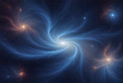 The primary subject of the image is a blue spiral galaxy, which is the main object, scene, or focus of the image. The galaxy is set against a dark, star-filled sky, creating a sense of depth and space. The visual style of the image is a digital art or illustration, as it is a detailed and intricate representation of the galaxy. The dominant colors in the image are blue and black, giving the galaxy a striking and dramatic appearance. The overall atmosphere of the image is one of wonder