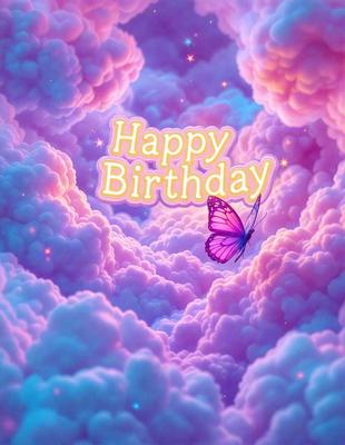 Happy Birthday: [The main object, scene, or focus of the image is a butterfly flying in a pink, purple, and white cloudy sky. The setting is a whimsical, dreamy, and colorful environment. The visual style is a digital art or illustration. The colors and mood are bright, cheerful, and uplifting.]