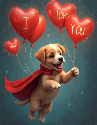 The primary subject of the image is a small dog wearing a cape and holding a balloon. The dog is standing in front of a blue background, which adds a vibrant touch to the scene. The visual style of the image is a combination of digital art and illustration, creating a whimsical and playful atmosphere. The dominant colors in the image are blue and red, which are visible in the dog's cape and the balloon. Overall, the image conveys a sense of joy and