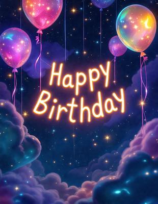Happy Birthday: [The main object, scene, or focus of the image is a birthday sign with balloons and stars in the background.]

Setting/background: [The environment, backdrop, or surface visible in the image is a night sky with stars.]

Visual style: [The image is a digital art or illustration.]

Colors and mood: [The dominant colors in the image are pink, yellow, and blue, and the overall atmosphere is celebratory and joyful.]