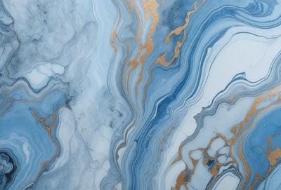 The primary subject of the image is a marble-like surface with a blue and gold color scheme. The setting is a bathroom, and the visual style is a combination of a photo and digital art. The dominant colors are blue and gold, creating a luxurious and elegant atmosphere.