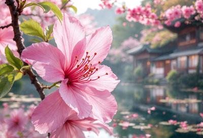 The primary subject of the image is a pink flower with a white center, which is the main focus of the image. The setting is a serene pond with a house in the background. The visual style is a photo of the flower in its natural environment. The colors and mood of the image are predominantly pink and white, creating a sense of tranquility and beauty.