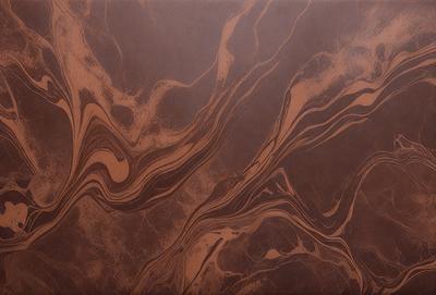 The primary subject of the image is a brown leather surface with a pattern of swirls and waves. The setting is a room with a brown leather wall, and the visual style is a close-up of the leather surface. The colors and mood of the image are warm and inviting, with the brown leather creating a cozy and comfortable atmosphere.