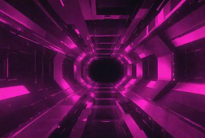 The primary subject of the image is a long, narrow, pink tunnel. The setting is a futuristic environment, with the tunnel being the main focus of the scene. The visual style is a combination of a photo and digital art, creating a unique and captivating atmosphere. The dominant colors are pink and purple, giving the tunnel a futuristic and surreal appearance.
