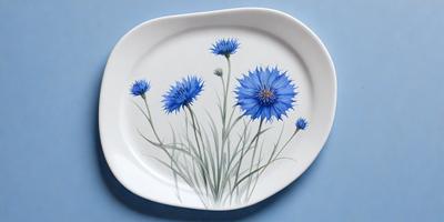 The primary subject of the image is a white plate with a painting of blue flowers on it. The plate is placed on a blue surface, which adds to the overall mood of the scene. The visual style of the image is a painting, which gives it a more artistic and detailed appearance. The colors and mood of the image are predominantly blue, creating a calm and serene atmosphere.