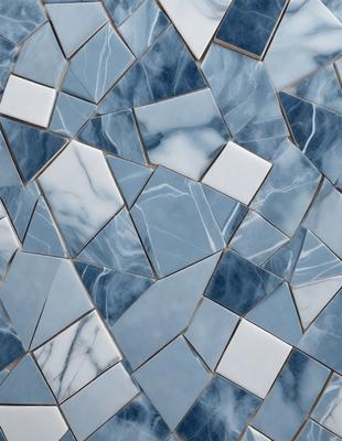 The primary subject of the image is a blue and white tile wall. The setting is a bathroom, as indicated by the presence of tiles. The visual style is a close-up of the tiles, showcasing their intricate design. The dominant colors are blue and white, creating a clean and calming atmosphere.