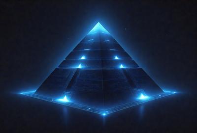 The primary subject of the image is a blue pyramid, which is the main object, scene, or focus of the image. The setting/background features a dark blue sky, which creates a contrasting and dramatic atmosphere. The visual style of the image is digital art, as it is a computer-generated representation of the pyramid. The dominant colors and overall mood of the image are dark and mysterious, with the blue pyramid standing out against the black background.
