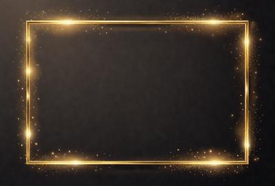The primary subject of the image is a large, empty frame with a gold background. The setting is a dark room, and the visual style is a combination of a photo and digital art. The colors and mood of the image are predominantly gold and dark, creating a sense of mystery and elegance.