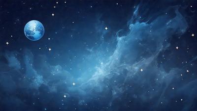 The primary subject of the image is a blue and white starry sky. The setting is a nighttime scene with a dark blue background, and the visual style is a digital art or illustration. The colors and mood of the image are predominantly dark and moody, with the blue hues of the sky and the white stars creating a serene and peaceful atmosphere.