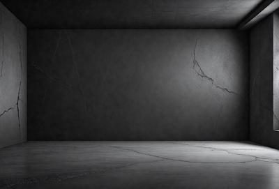 The primary subject of the image is a large, empty room with a black wall. The setting is a dark, empty space, and the visual style is a black and white photo. The room appears to be a concrete or stone structure, and the overall atmosphere is one of emptiness and darkness.