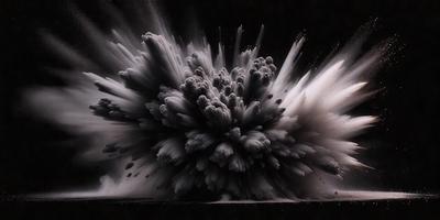 The primary subject of the image is a large, black and white explosion, which appears to be a digital art or illustration. The setting is a black background, and the visual style gives the impression of a powerful and dramatic scene. The colors and mood of the image are predominantly dark and intense, with the explosion being the main focus of the image.
