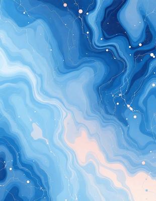 The primary subject of the image is a blue and white painting of a galaxy. The setting is a blue and white background, which complements the artwork. The visual style is a digital art or illustration, creating a unique and captivating representation of the galaxy. The dominant colors are blue and white, giving the painting a serene and celestial atmosphere.